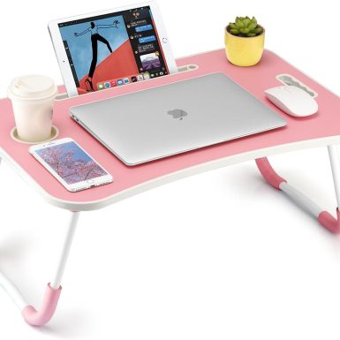 FISYOD Foldable Laptop Table, Portable Lap Desk Bed Table Tray, Laptop Stand with Cup Holder & Tablet Slot & Lifting Handle for Working Writing Drawing & Eating (Pink)